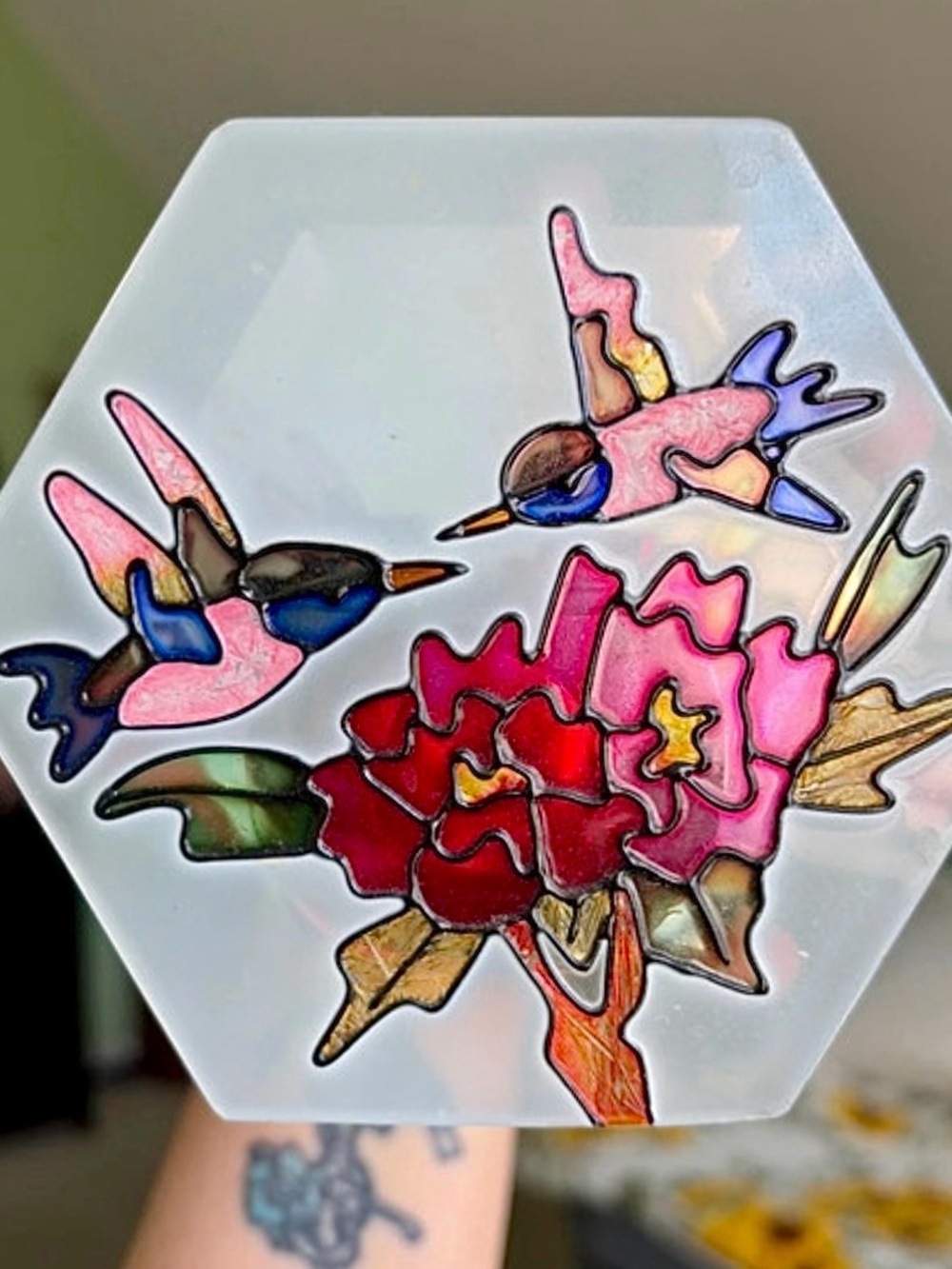 Vintage Glass Pink & Red Hummingbird Floral Candle Holder